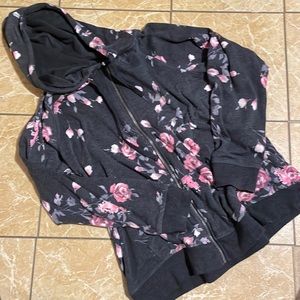 Black and pink floral design zip-up hoodie